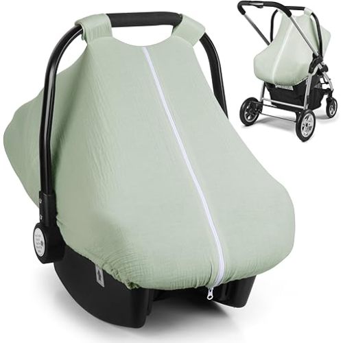 Elstey Muslin Baby Car Seat Cover, Breathable Carseat Canopy with Fully Zipper Opening, Universal Fit Infant Stroller Carrier Covers for Boys and Girls