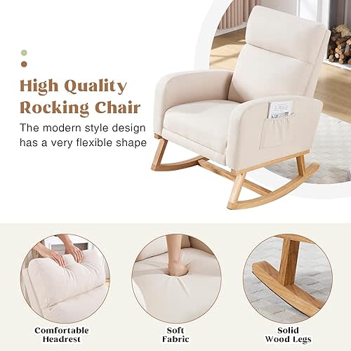 Rocking Chair Nursery, Nursing Rocking Chairs with Foot Rest for Mom Nursery, Rocker Glider Chair with Footrest and High Backrest for Living Room, Bedroom, Beige