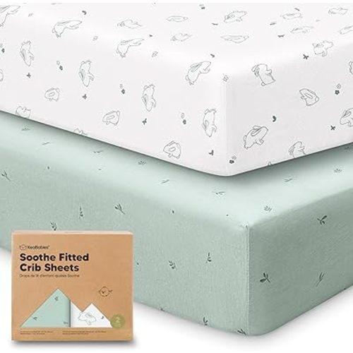 KeaBabies Lot de 2 draps-housses pour lit d'enfant, pour garçon et fille – Draps-housses de couleurs neutres en jersey de coton biologique et respirant, à imprimés doux et mignons (lapins)
