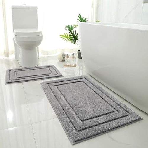 HOMEIDEAS Bathroom Rugs Sets 2 Piece, Super Soft and Absorbent Non Slip Microfiber Machine Washable Bath Mat Set (20" x 32" + 16" x 24", Grey)