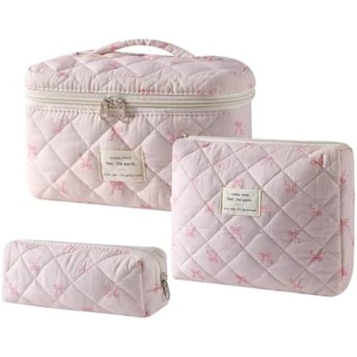 uekeboag 3Pcs Quilted Cotton Makeup Bag,Coquette Quilted Toiletry Bag for Women and Girls,Floral Coquette Pouch,Cute Kawaii Travel Cosmetic Bags(3Pcs Small Bow)