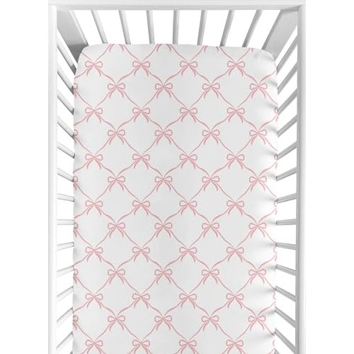 Sweet Jojo Designs Fitted Baby Crib Sheets (Pink Bows) for Girls, Infant Nursery, Toddler Bed Room - Standard Size Mattress (Blush and White Bow for The Ballerina Ballet Dancer Princess Collection)