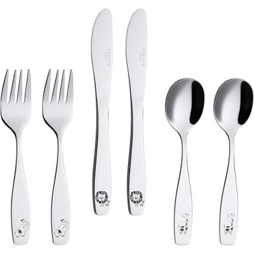 ANNOVA Kids Silverware 6 Pieces Children's Safe Flatware Set Stainless Steel - 2 x Safe Fork, 2 x Dinner Knife, 2 x Dinner Spoon, Toddler Utensils Safari, for Lunchbox (Elephant, Giraffe, Lion)