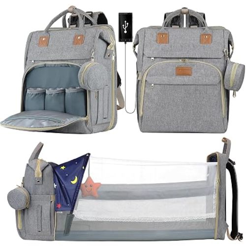 ZRSUN Diaper Bag Backpack, Multifunctional Baby Travel Bag with Foldable Changing Station, Portable Changing Pad, USB Charging Port, Blue