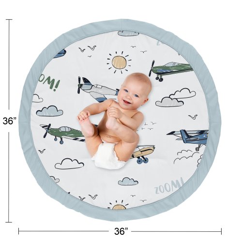 Sweet Jojo Designs Vintage Airplane Boy Baby Tummy Time Playmat Green Blue Yellow Airplanes Plane Transportation Clouds Sun Sky