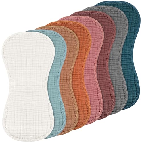 Frienda 8 Pieces Muslin Burp Cloths for Baby Cotton Burp Cloth 10 x 20 Inches Multi Colors Muslin Washcloths Diapers 4 Absorbent Layers Newborn Face Towels for Baby Boy Girl Unisex (Bright Color)
