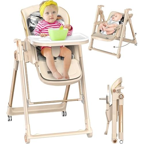 Baby High Chair and Baby Swing, Portable Highchairs for Babies and Toddlers, Foldable High Chair with Wheels, Folding High Chair for Toddlers, Highchair with Handle, Cushion, Removable Tray(Khaki)