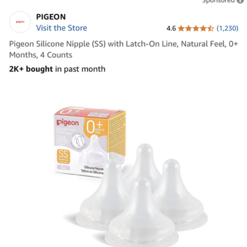 Pigeon Silicone Nipple (SS) with Latch-On Line, Natural Feel, 0+ Months, 4 Counts