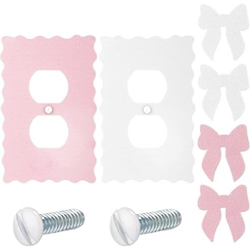Relaxweex 2 Pcs Pink Bow Light Switch Cover Wall Plate Room Decor Metal Toggle Pink and White Cute Decorative Outlet Cover for Bedroom Home Decor (Round Hole)