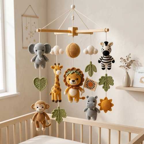 Safari Animal Baby Mobile, Crochet Baby Mobile, Jungle Nursery Decor, Lion Elephant Giraffe Baby Gift, Woodland Theme, Baby Shower Gift