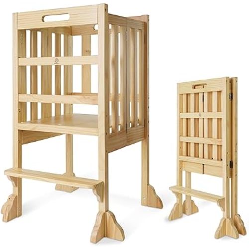 WOOD CITY Kitchen Step Stool Helper - Montessori Foldable Standing Tower for Toddlers with Safety Rail, Height Adjustable Ideal Helper for Learning New Skills, Natural Pure Pine Wood (Natural)