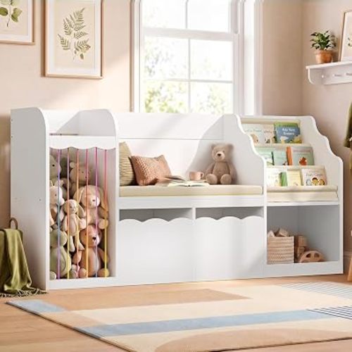63" Kids Bookshelf with Large Reading Nook and Toy Storage Organizer, White | 5-in-1 design, anti-slip & soft padded bench, stuffed animal zoo, Montessori bookcase, 2 bins, safe round edges, easy reach