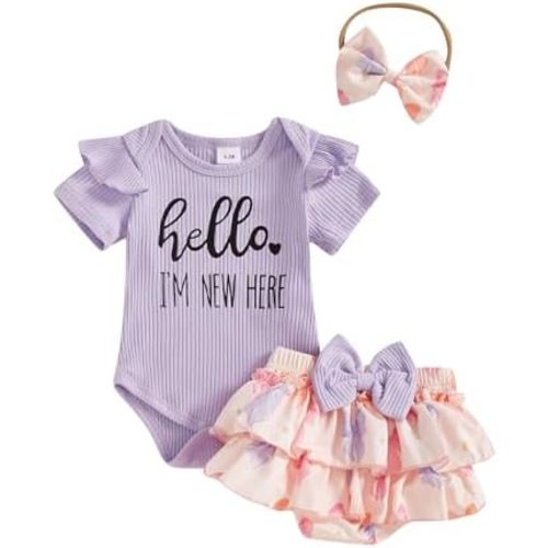 FIOMVA Im New Here Newborn Outfit Girl Onesie Romper+Ruffle Tutu Shorts Bloomer Set Baby Girl Preemie Coming Home Outfit