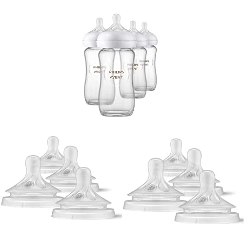 Philips AVENT Glass Natural Baby Bottles with Natural Response Nipples, Clear, 8oz, 4pk (SCY913/04) and Natural Response Baby Bottle Nipples Flow 4, 3M+, 4pk (SCY964/04) and Natural Response Baby Bottle Nipples Flow 5, 6M+, 4pk (SCY965/04)
