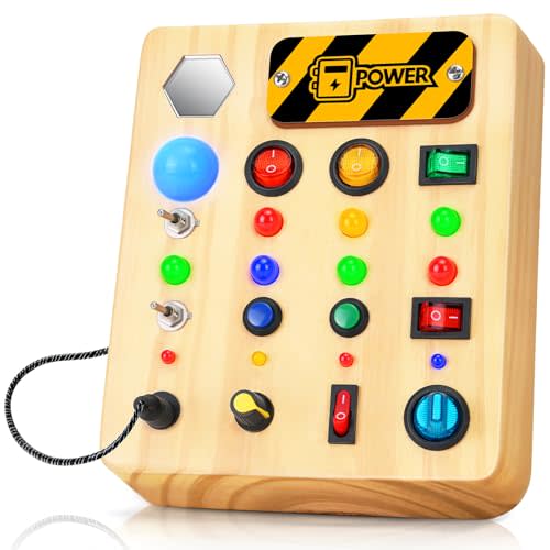 TINTECUSA Busy Board Montessori Toys for Toddler, Wooden Sensory Board Switch Toy with Shape Sorter LED Light Up Toys Educational Plane Travel Activity for Girls & Boys