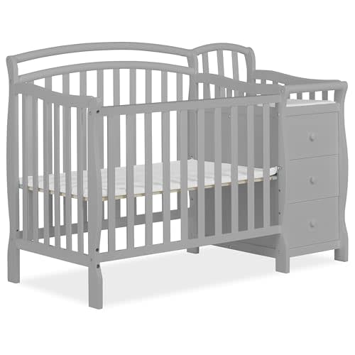 Dream On Me Casco 3-in-1 Mini Crib and Changing Table in Pebble Grey, Convertible Crib, Made of Pinewood, Three Position Adjustable Mattress Height Settings