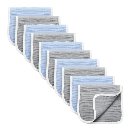 Synrroe Burp Cloths Large, Muslin Burp Cloths for Baby Girls and Boys, Pack of 10 Extra Absorbent and Soft Muslin Bibs, 6 Layers 20 by 10 Inches 100% Cotton (Blue-Grey 10 Pack) - Blue and Grey - Large 10 Pack
