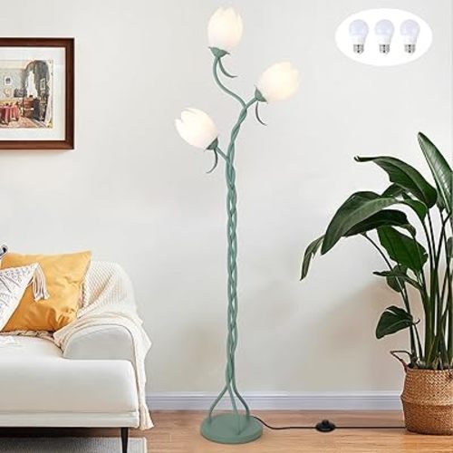 HMVPL Green Flower Floor Lamp for Living Room, 3-Light Floral Floor Lamp with 3 LED 5W Blubs, Foot Switch, Vintage Standing Lamp with Acrylic Shade, Gooseneck Unique Tall Lamp for Bedroom Corner Kids