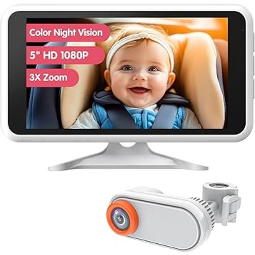 Baby Car Camera with IR Night Vision, Unique Headrest Mount Car Camera for Baby 3X Zoom for Backseat Monitor White (Wired) Essential Baby Safety Item