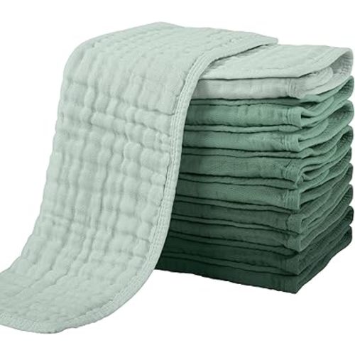 Yoofoss Muslin Burp Cloths for Baby 10 Pack 100% Cotton Baby Washcloths for Boys Girls Large 20''X10'' Super Soft and Absorbent Gradient Green