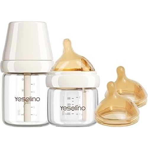 Natural Nursing Glass Baby Bottle - with Anti-Colic Vent System - BPA-Free, 3 oz and 5 oz Wide-Neck Baby Bottle with Slow Flow & Medium Flow Nipple, 0-6 Months, 2 Pack (Includes 4pcs Nipples)