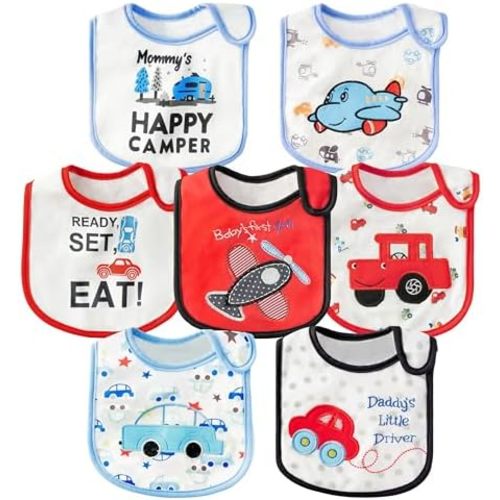 7Pcs Cotton Waterproof Baby Bibs Hook Loop Closure Newborn Bib Keepsake Baby Gift for Drooling Feeding Eating