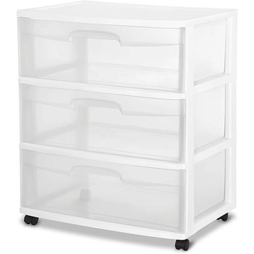 Plastic Storage Drawer Cart, Medium Home Organization Storage Container with 3 Large Clear Drawers With Wheels (WHITE)