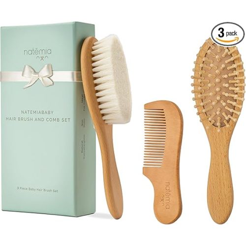 Natemia Ensemble brosse à cheveux et peigne pour bébé – Ensemble de brosse pour bébé avec poils de chèvre naturels doux, brosse et peigne pour nouveau-né, kit de toilettage pour bébé, brosse à cheveux