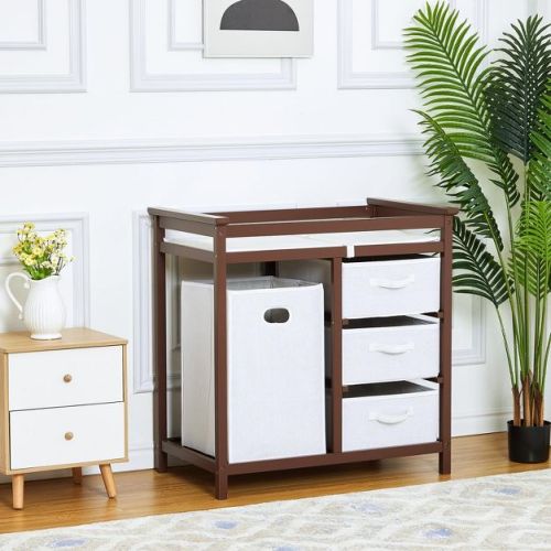 Baby Changing Table, Wooden Diaper Changing Table, Infant Diaper Changing Station Dresser with Laundry Hamper, 3 Drawer Basket and Changing Pad