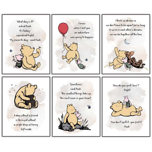 Winnie Wall Art, the Pooh Classic Poster, Baby Nursery Decor, Kids Wall Art, Boys Girls Bedroom Decor, A. A. Milne Quote Art Print, Set of 6 (8"x10")