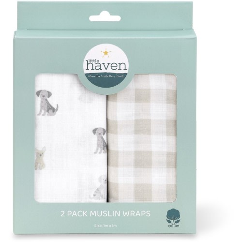 Little Haven Muslin Wraps 2 Pack - Natural Check/Dogs