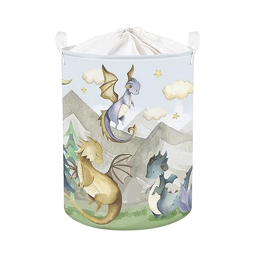 Clastyle 45L Kids Cute Dragon Nursery Hamper Mountain Tree Dirty Clothes Collapsible Laundry Basket Round Cloud Toys Storage Basket with Drawstring