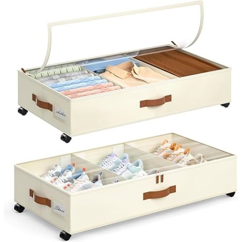 Yecaye Under Bed Storage with Wheels, 2Pack Under Bed Storage Containers, Under Bed Shoe Storage with Dividers & Clear Window, Underbed Storage Bins, Rolling Under Bed Drawers for Clothes, Shoes, Toys