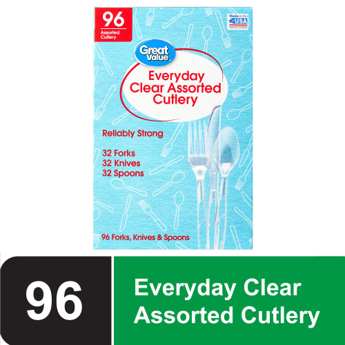 Great Value Premium Clear Disposable Plastic Assorted Cutlery, Clear, 96 Count