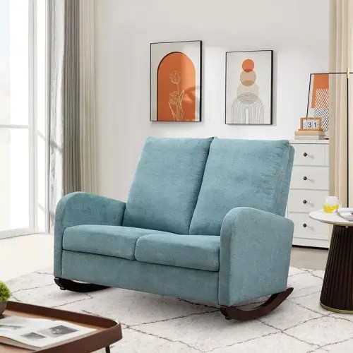 Modern Double Rocking Chair, Upholstered Oversized Glider Rocker for Baby Nursery and Kids, Loveseat Accent Armchair with High Back and Side Pocket, Extra Wide Lounge Chair for Living Room, Light Blue