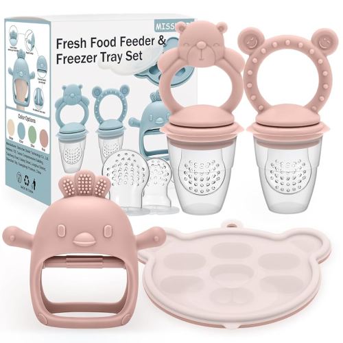 4 Pack Silicone Teething Mitten for Babies with Baby Fruit Food Feeder & Freezer Tray Set, BPA Free Infant Teething Relief Toy for 3 Month+, Additional Silicone Sacs