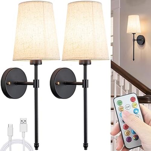 Battery Operated Wall Sconces Set of Two, Wireless Wall Sconce with Remote Control, Indoor Dimmable Battery Operated Wall Lamp Light for Bathroom Vanity Light, Easy to Install, No Wiring Required (Co