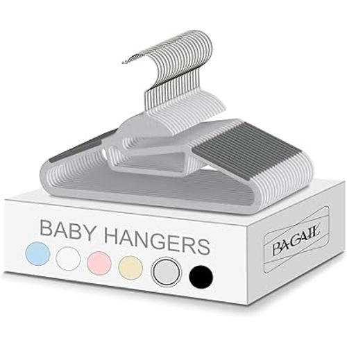 BAGAIL Kids Plastic Hangers S-Slide 50 Pack 12.6" Non-Slip Hangers 360° Swivel Hook Protect Collar Space Saving for Children Infant/Toddler Pants Coat-Light Grey