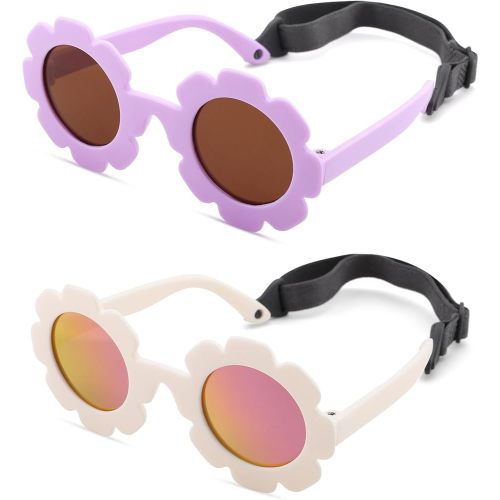 Bouryo Flexible Baby Polarized Flower Sunglasses with Strap Bendable Frame for Infant Boys Girls Ages 0-24 Months