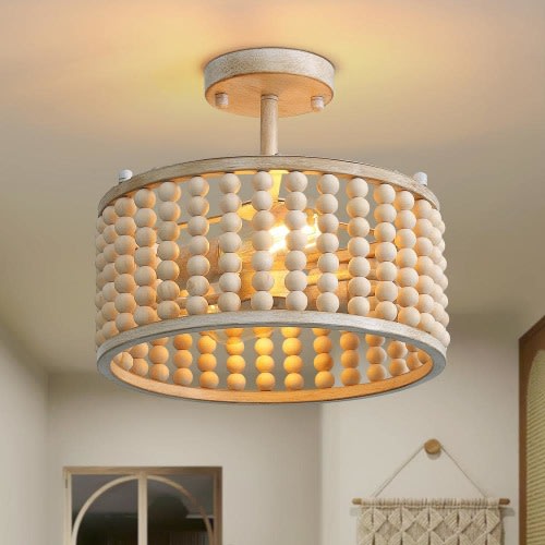 Boho Farmhouse 12.6 in. 2-Light Oak White Wood Beaded Chandelier Semi Flush Mount Ceiling Light