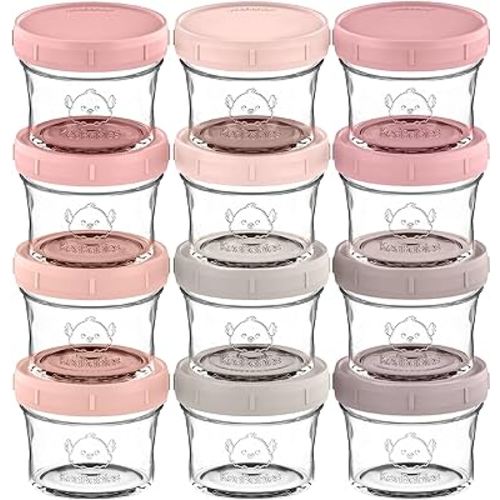 KeaBabies 12pk 4oz Glass Baby Food Containers with Lids - Leak-Proof, Microwavable Small Glass Jars, Baby Purees & Toddler Snack Storage Containers, BPA-Free, Dishwasher & Freezer Safe (Roseate)