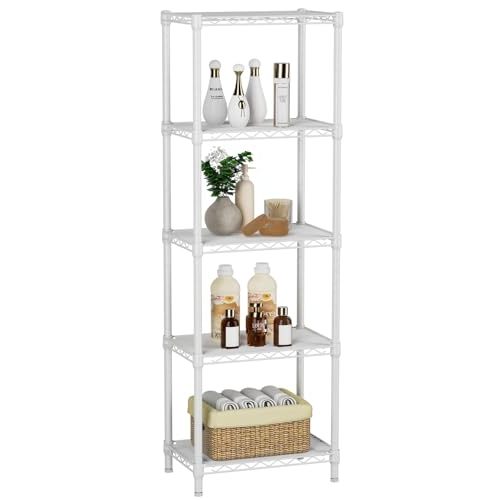 Golpart Small 5 tire Shelves Storage Wire Shelving Unit Metal Shelf Adjustable Organizers Storage Shelving with Wheels for Bathroom Laundry Room Kitchen Pantry10”D x 16”W x 55”H White