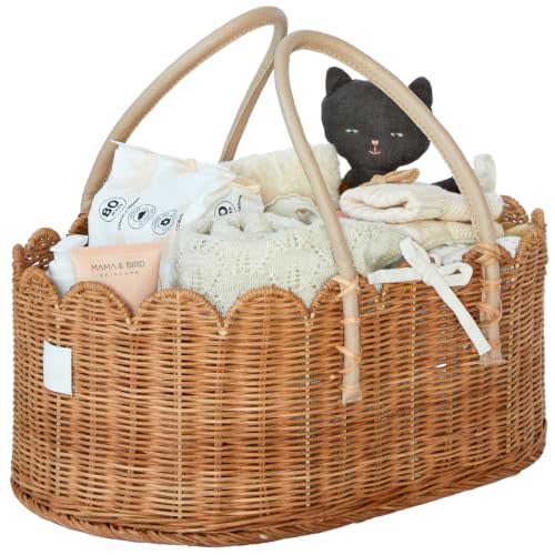 BEBE BASK Premium Baby Diaper Caddy Organizer - Scalloped Rattan Basket | Handmade & Award-Winning, Elegant Scalloped Edge, Newborn Essentials, Nursery Basket, Removable Divider, Baby Shower (Mocca)