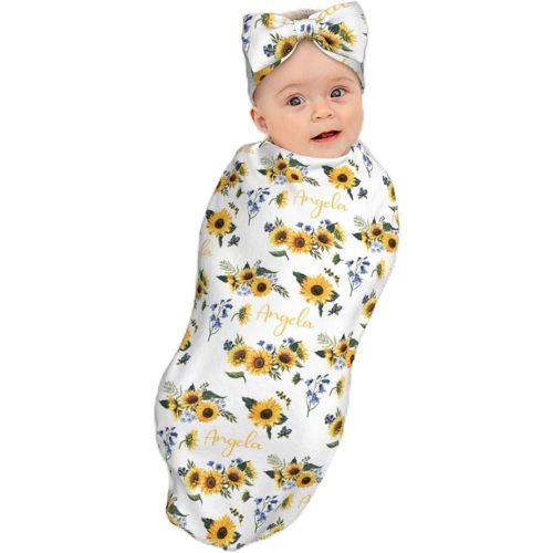 Personalized Baby Swaddle Blanket for Girl, Custom Sunflower Receiving Blanket with Bow Headband Set for Newborn Infant