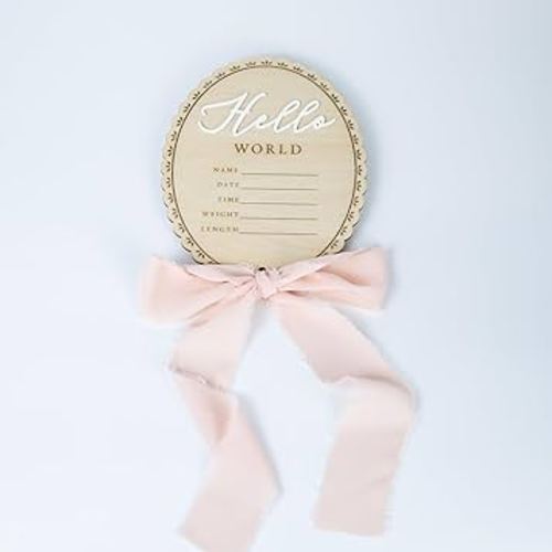 Baby Announcement Sign 6.5 Inch Wooden Hello World Newborn Welcome Sign Birth Name Plaques for Photo Props Shower Hospital Nursery (Pink)