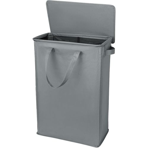 Slim Laundry Basket with Lid and Handles, Foldable Laundry Basket for Clothes, Clothes Hamper Easy to Carry, Dirty Hampers for Bedroom, Bathroom, Dorm, College, 12.7 Gallons(48L) DARK GRAY