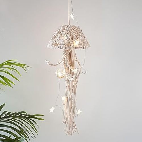 BYVUTE Jellyfish Wall Hanging, Art Decor Handmade Woven Boho Ornament Ocean Fish Wall Tapestry Macrame Hanger, for Office Bedroom Apartment Living Room Nursery Gallery (White)