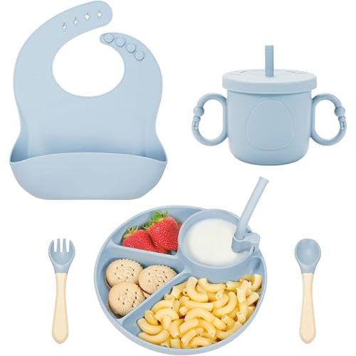 Silicone Baby Feeding Set, Baby Led Weaning Supplies, Silicone Suction Plate, Bowl, Spoons, Fork, Waterproof Bib, Cup and Food Tableware, Eating Utensils Baby Feeding Essentials for 3+ Months
