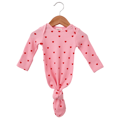 Organic Waffle Knotted Gown, Little Red Heart (on Pink)