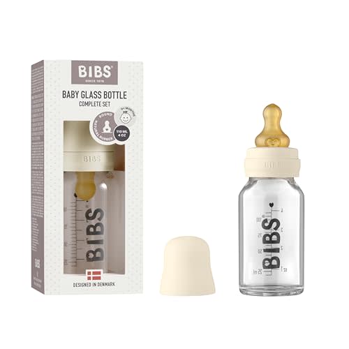 BIBS Baby Glass Bottle Complete Set 110 ml | BPA Free Natural Rubber | Made in Denmark | Ivory